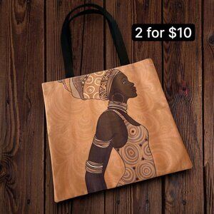 African Tribal Woman Painted Ethnic Fabric Canvas Strap Tote Bag